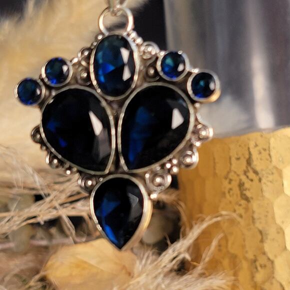 Deep Blue Sapphire and Sterling Silver Cross Pendant – Regal Elegance - Picture 1 of 10